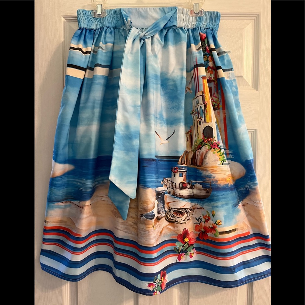 Novelty Truly 4 You Skirt. M Elastic Waist 31” Midi Beach Island Birds Scene NWT